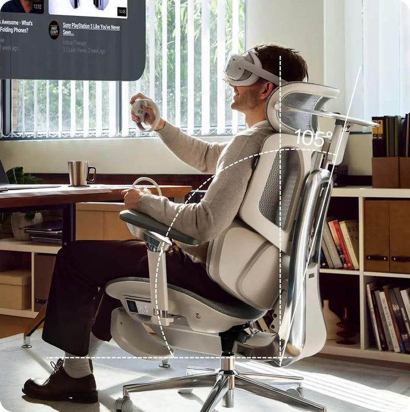 Man using a VR headset in the HBADA X7 set upright at 105°