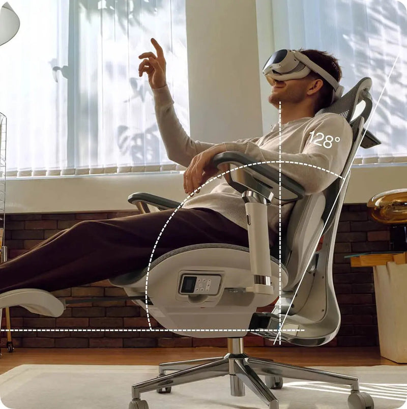 Man relaxing with a VR headset in the HBADA X7 reclined to 128°