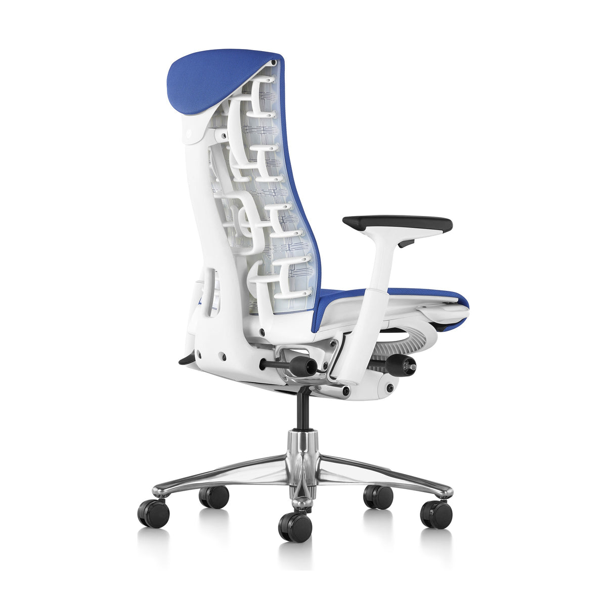 Herman Miller Embody Chair in Blue with White frame – rear three-quarter view, studio