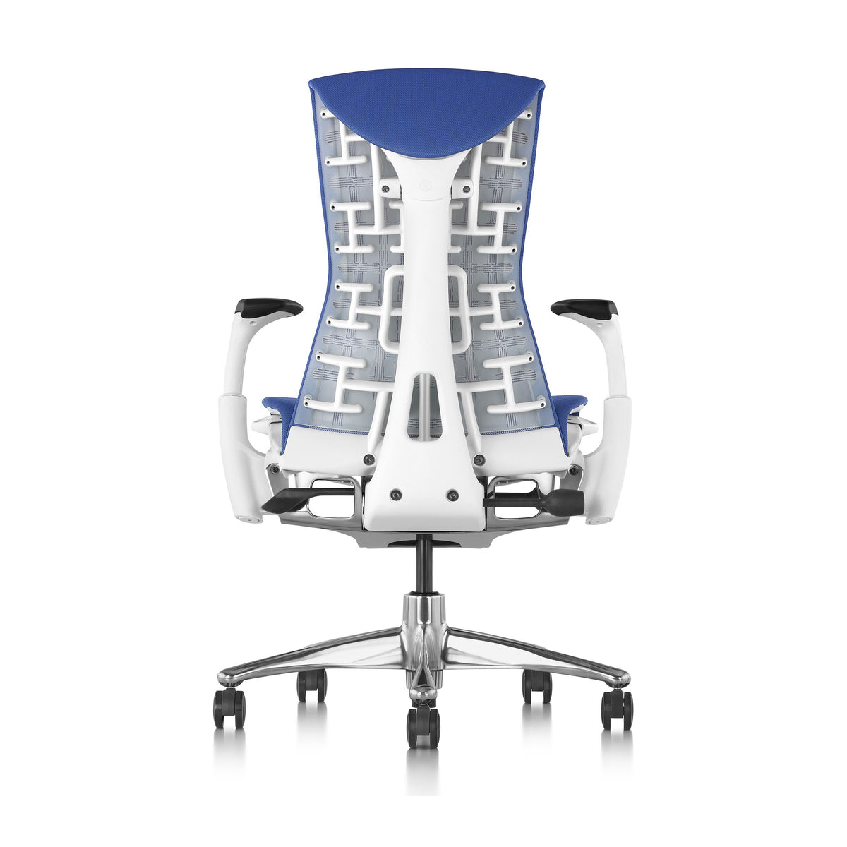Herman Miller Embody Chair in Blue with White frame – rear view, studio
