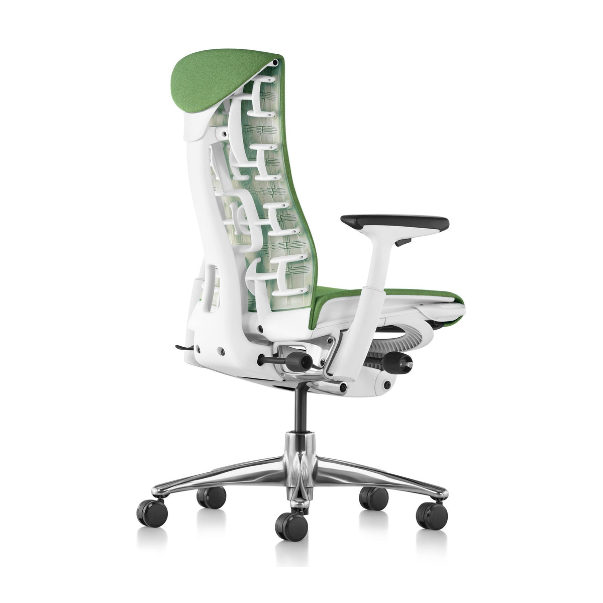 Herman Miller Embody Chair in Grass Green with White frame – rear three-quarter view, studio