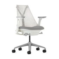 Herman Miller Sayl Chair in Gray – white frame and suspension back, grey seat, front three-quarter view, studio