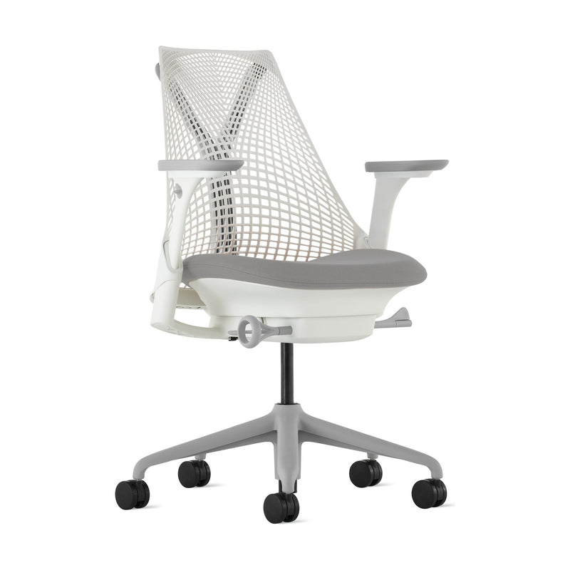 Herman Miller Sayl Chair in Gray – white frame and suspension back, grey seat, front three-quarter view, studio