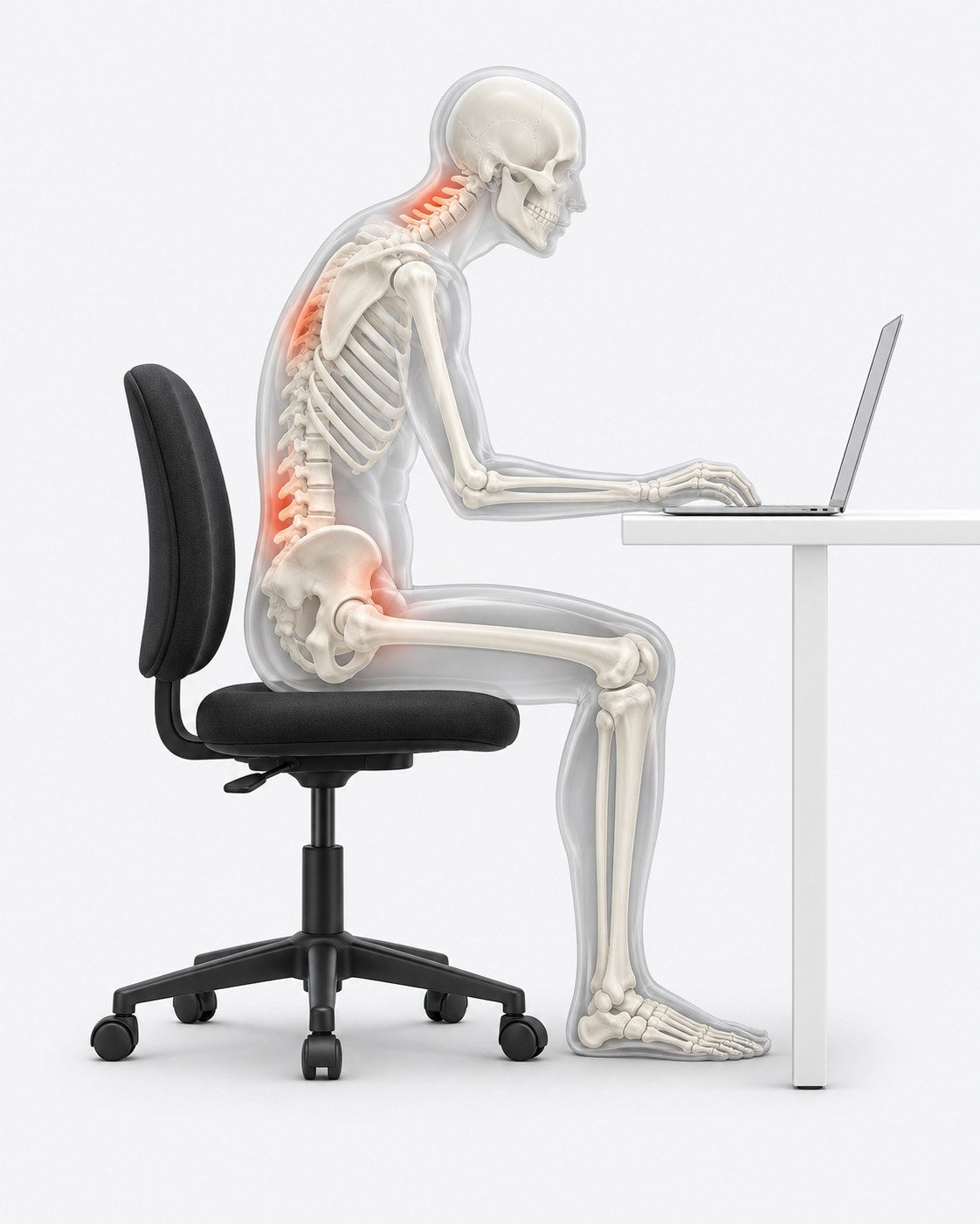 3D illustration of a seated desk worker's skeleton in a slumped posture, with strain highlighted at the neck, upper back, lower back and hips