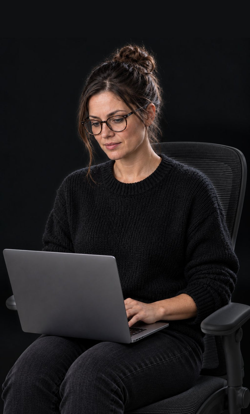 Woman working on a laptop in an ergonomic office chair