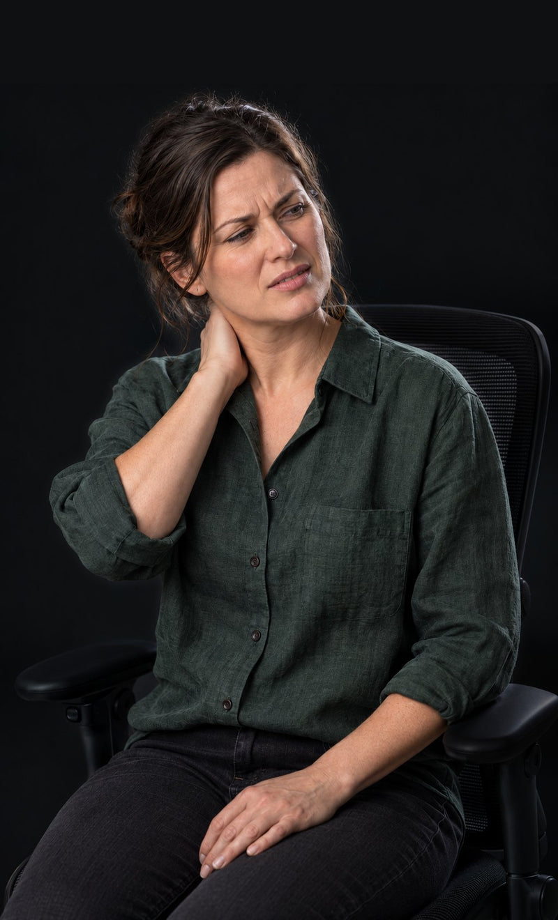 Woman holding her neck, seated in an ergonomic office chair