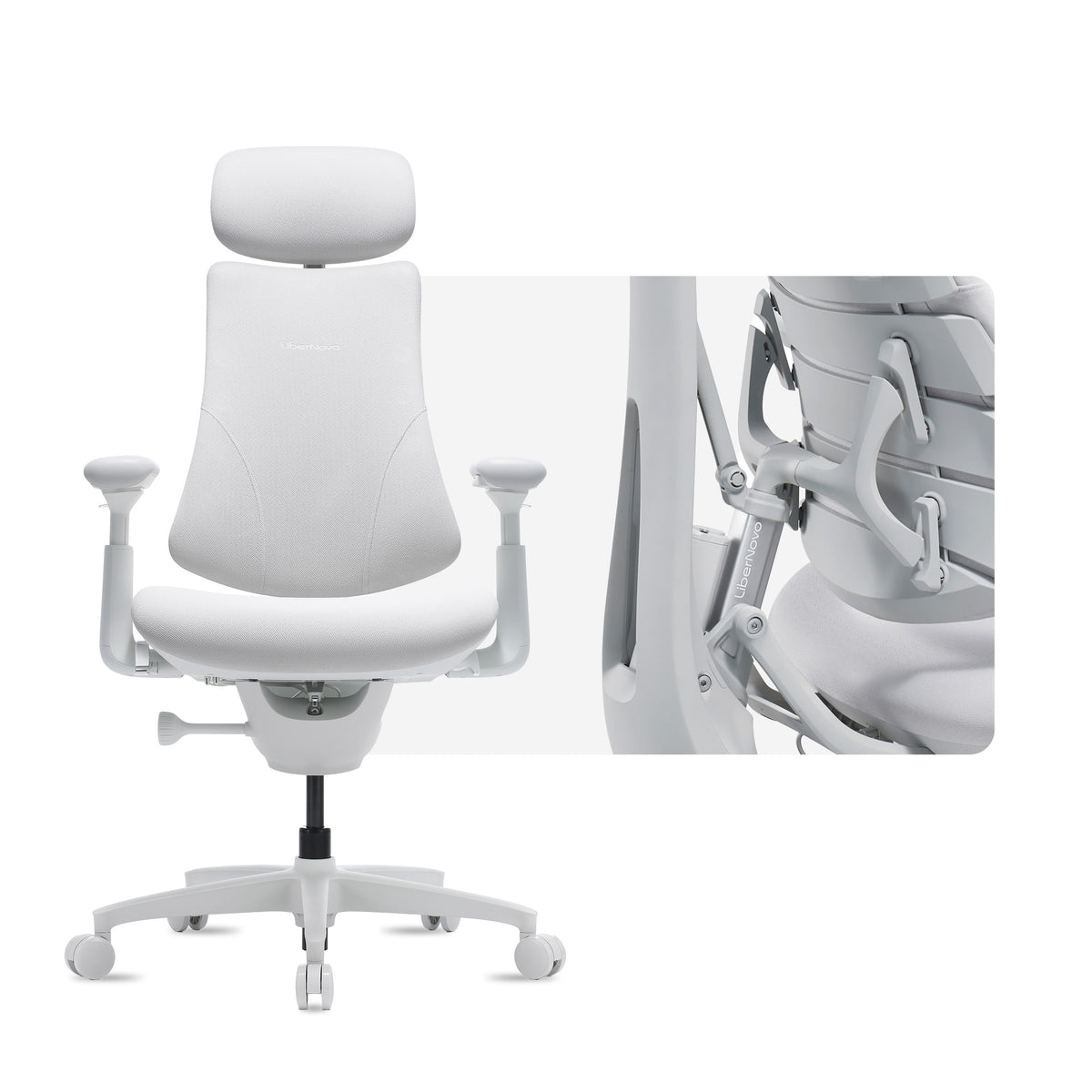 LiberNovo Omni Gen in Glacier, front view with a close-up of the backrest frame