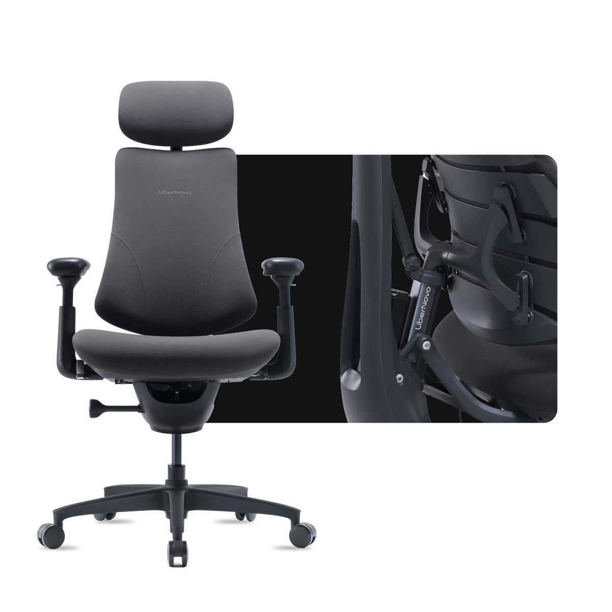 LiberNovo Omni Gen in Graphite, front view with a close-up of the backrest frame
