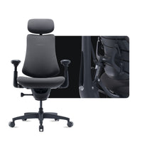 LiberNovo Omni Gen in Graphite, front view with a close-up of the backrest frame