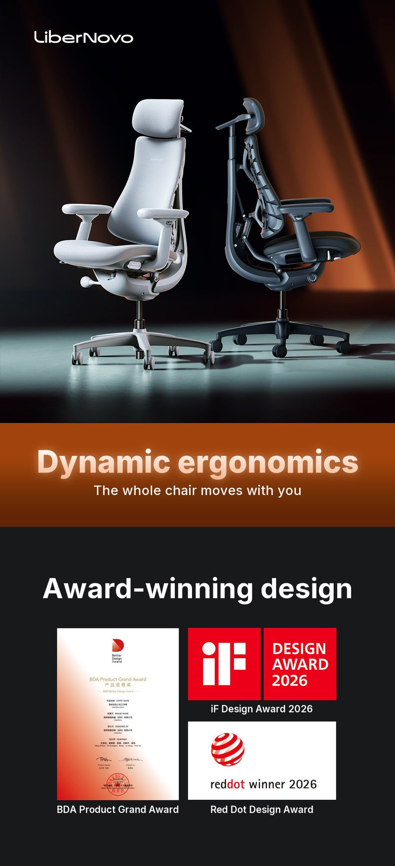 LiberNovo Omni Gen and Omni chairs on stage, with iF Design Award 2026, Red Dot 2026 and BDA award badges
