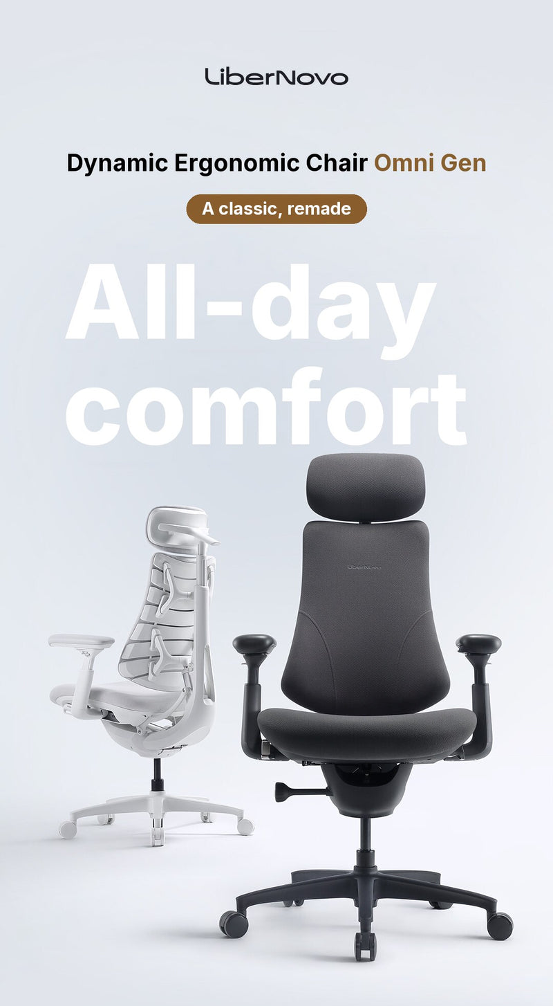 LiberNovo Omni Gen dynamic ergonomic chair in Glacier and Graphite with the headline All-day comfort