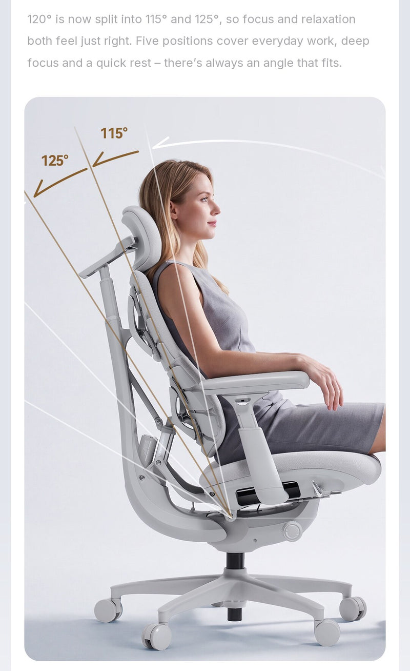 LiberNovo Omni Gen recline angles of 115\u00b0 and 125\u00b0 shown with a seated user