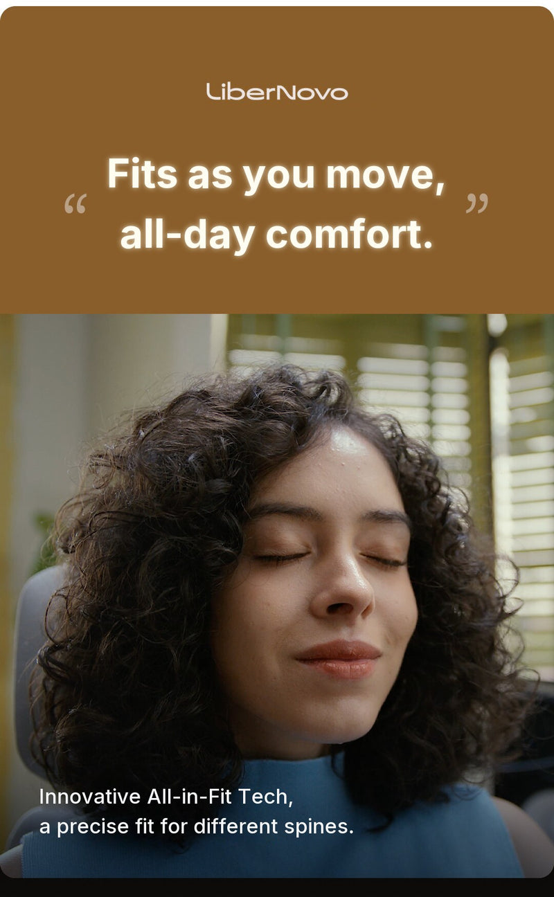 LiberNovo Omni Gen All-in-Fit Tech quote card above a relaxed user resting against the headrest