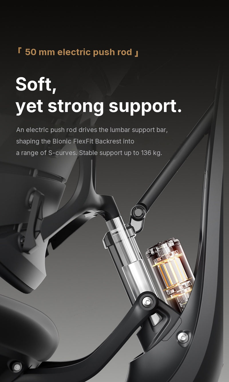 LiberNovo Omni Gen 50 mm electric push rod driving the lumbar support behind the backrest