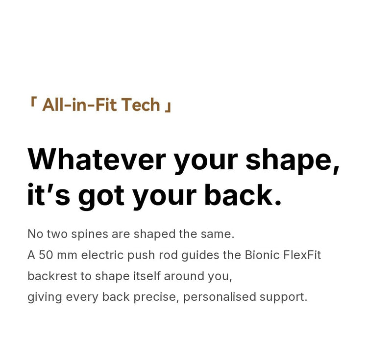 LiberNovo Omni Gen All-in-Fit Tech intro: backrest shaped by a 50 mm electric push rod