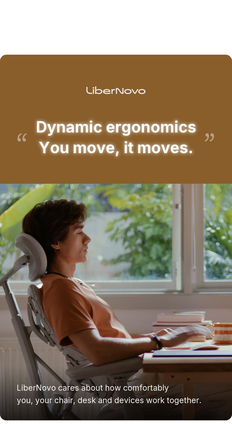LiberNovo Omni Gen dynamic ergonomics quote band above a man reclining at his desk