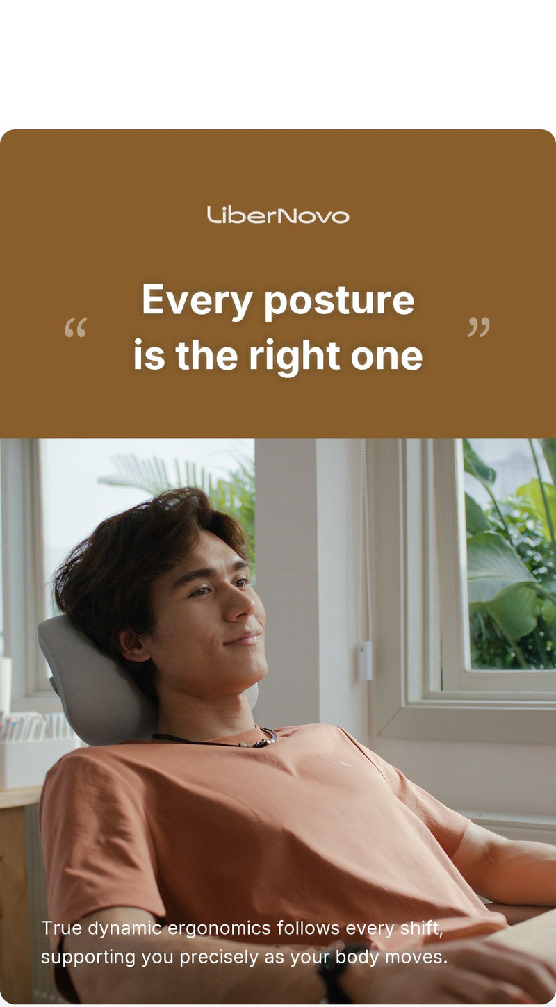 LiberNovo Omni Gen quote banner above a man reclining comfortably with the headrest supporting his neck