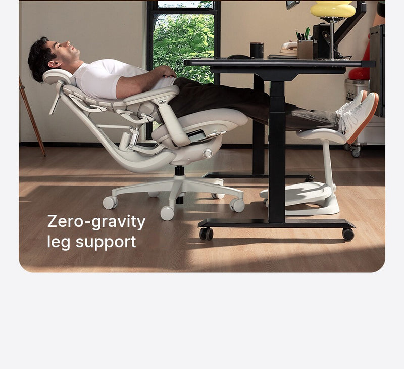 LiberNovo Omni Gen fully reclined with legs raised on the footrest for zero-gravity leg support