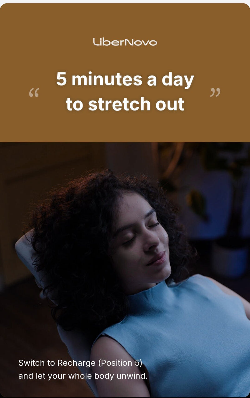 LiberNovo quote banner above a woman resting in the reclined Omni Gen
