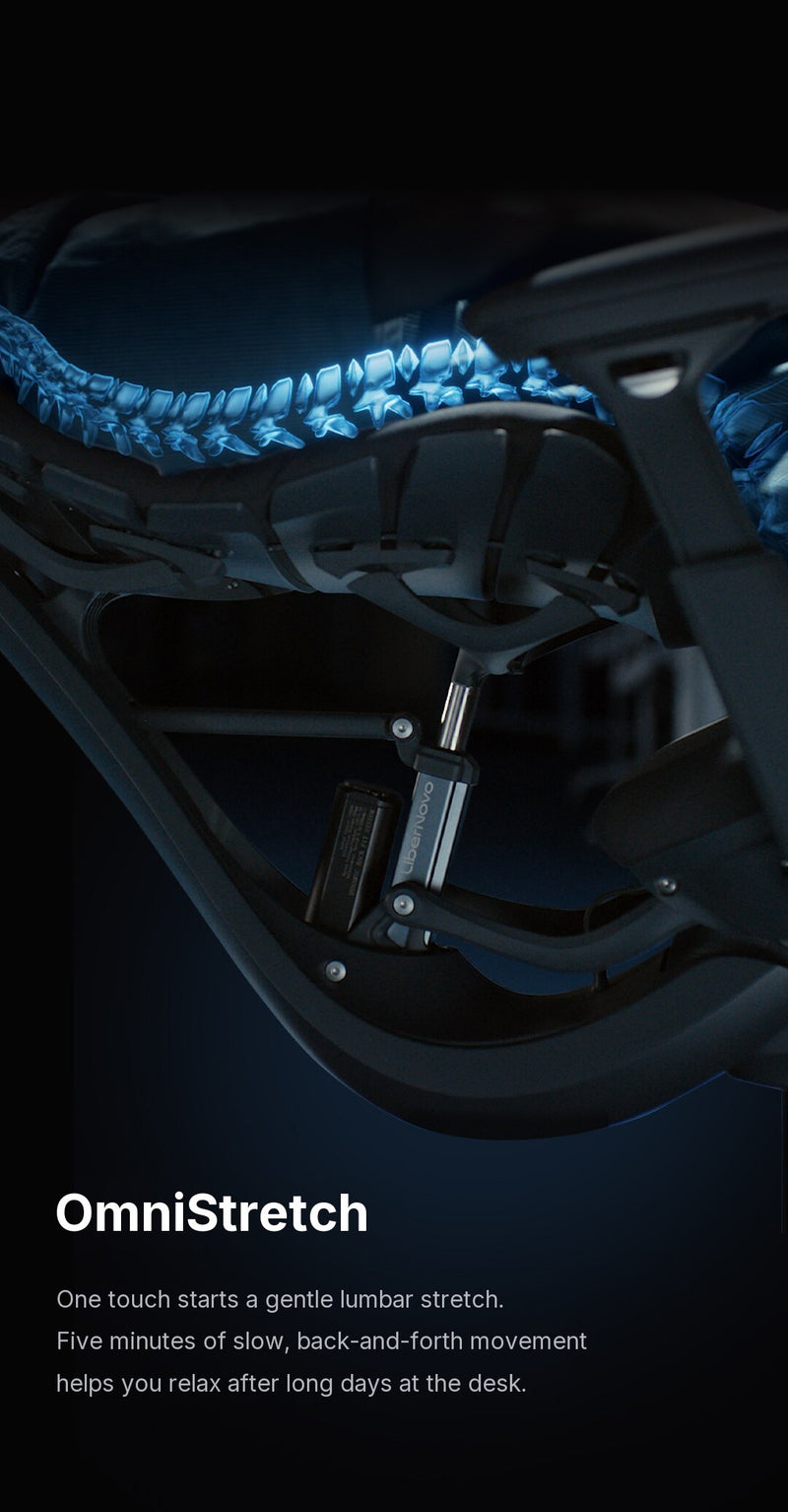 LiberNovo Omni Gen backrest frame and electric push rod with a highlighted spine for OmniStretch