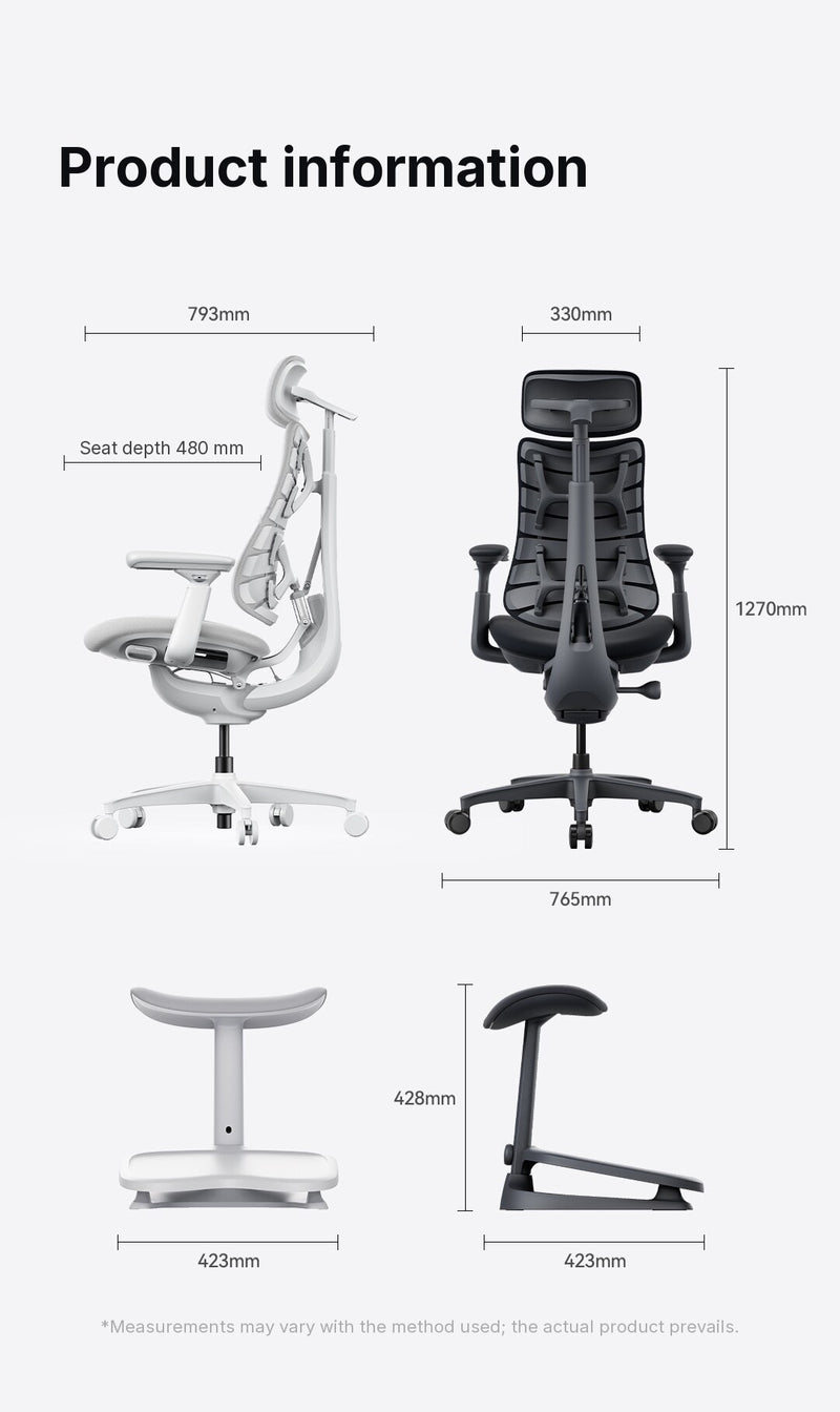 LiberNovo Omni Gen dimension drawing: 1270 mm tall, 765 mm wide, 480 mm seat depth, plus footrest