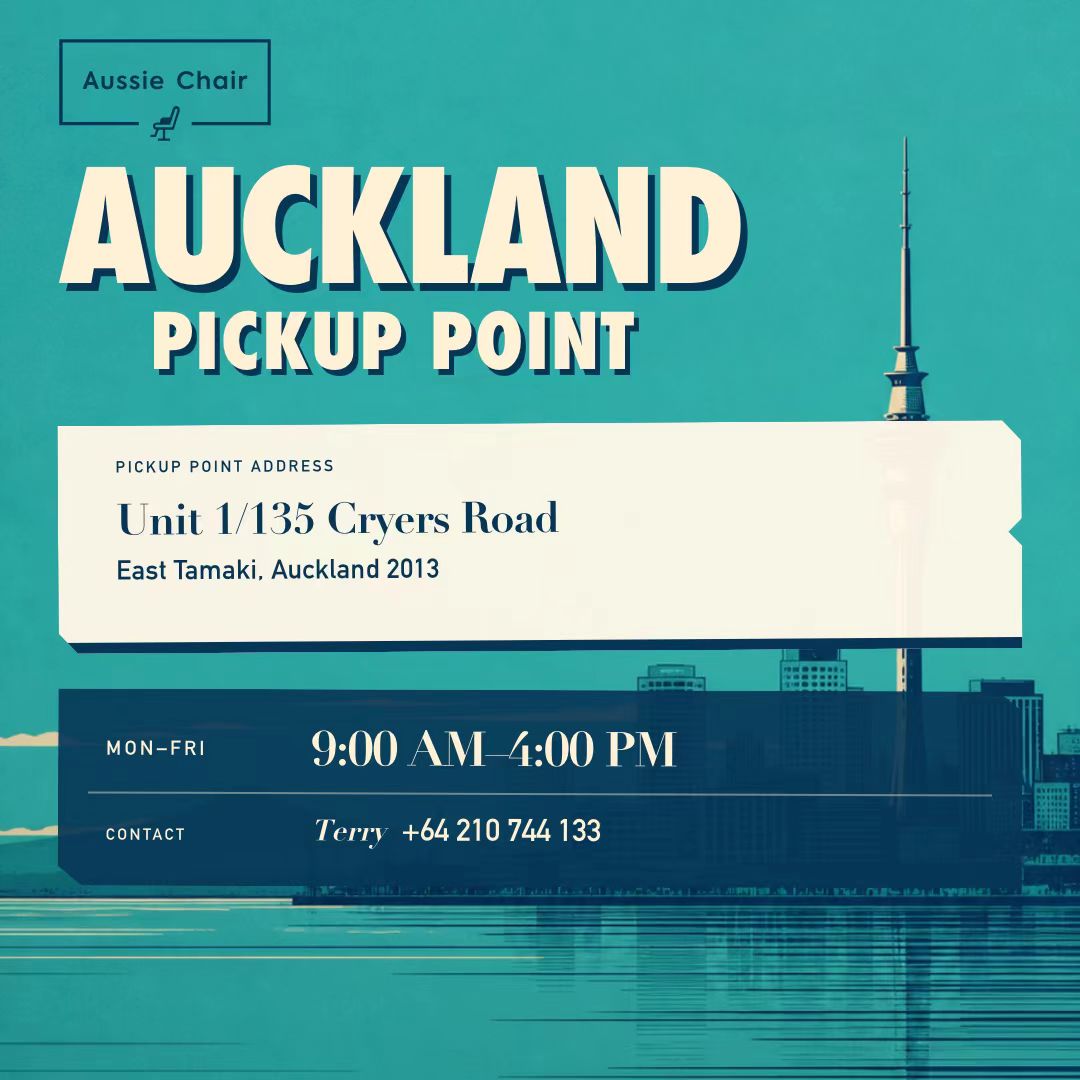 Aussie Chair Auckland pickup point — Unit 1/135 Cryers Road, East Tamaki, Auckland 2013. Mon-Fri 9 am-4 pm. Contact Terry +64 210 744 133.