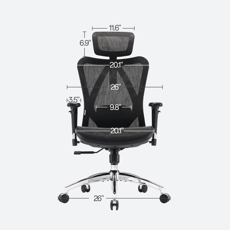 Sihoo M57 front dimensions drawing (inches)