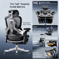 UE FLOW 660 Pro in Black with feature panels: 6° micro-sway, 150° recline, Magic desk armrests, multi-layer foam seat, Core4U 4.0 mechanism