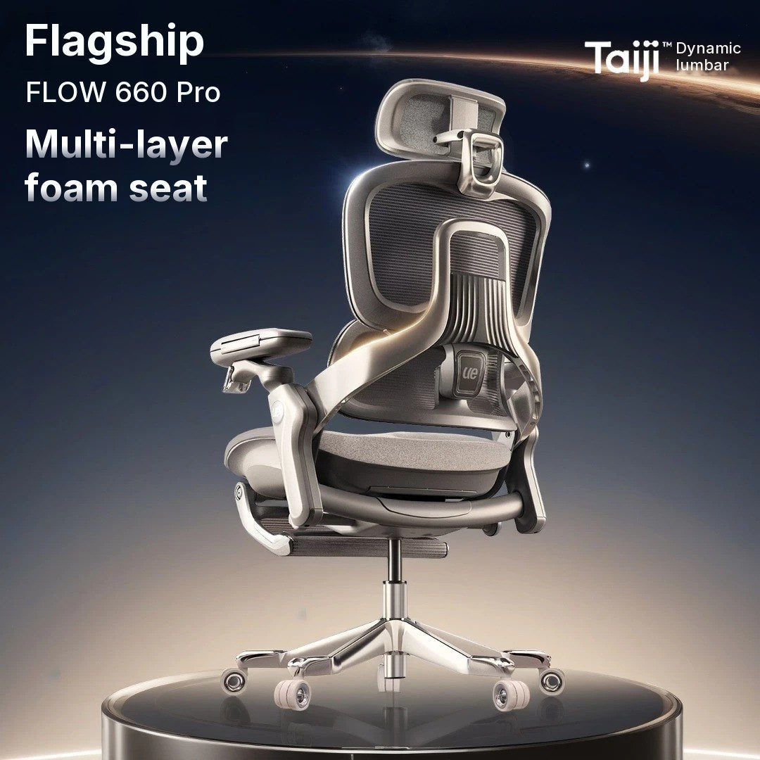 UE FLOW 660 Pro in Black on a dark stage: the flagship with a multi-layer foam seat and the Taiji dynamic lumbar system