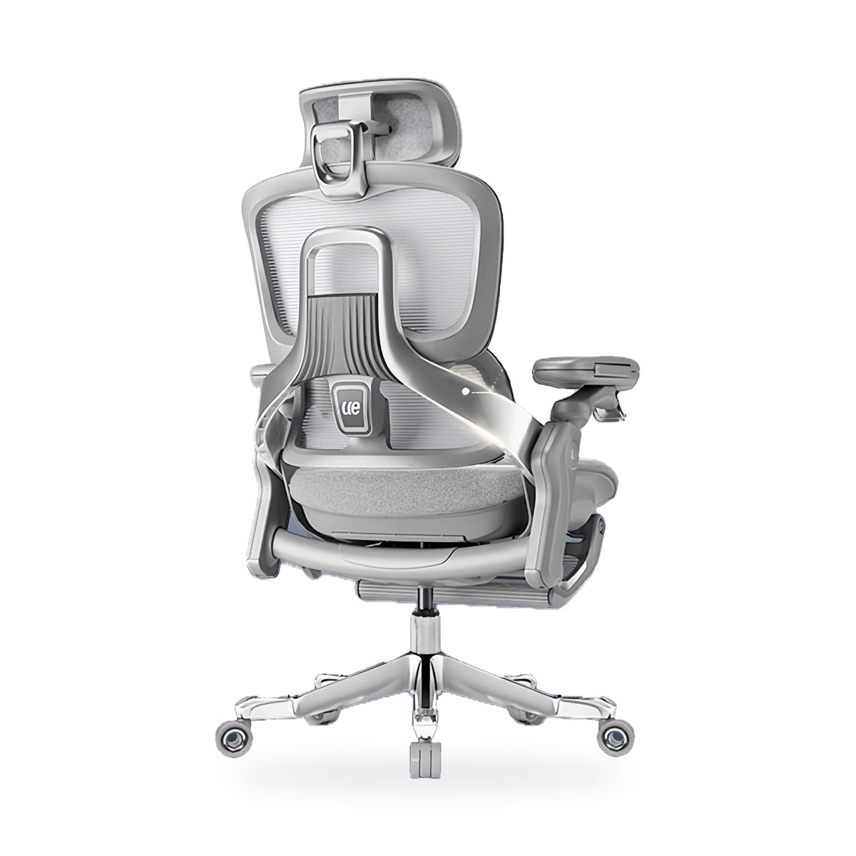 UE FLOW 660 Pro ergonomic office chair in Grey, rear three-quarter view showing the aluminium back frame