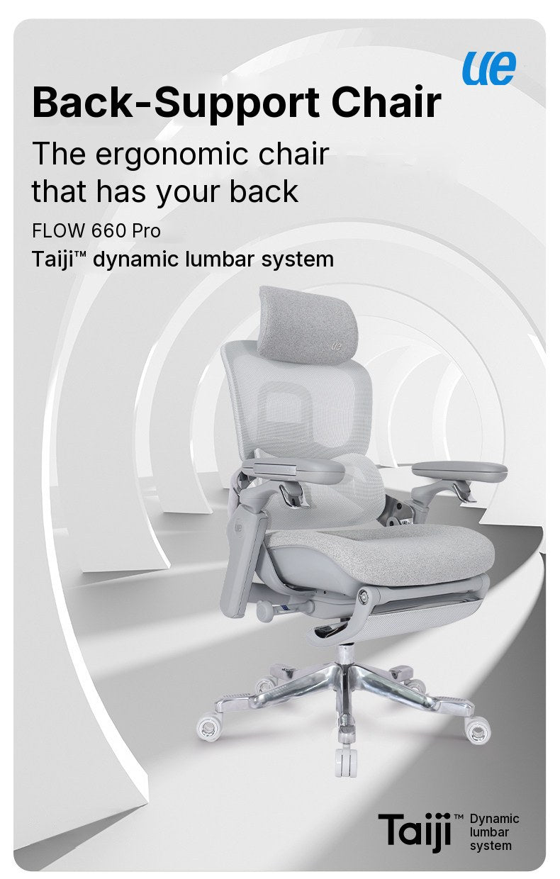 UE FLOW 660 Pro in grey with extended footrest in a white tunnel, with the Taiji\u2122 dynamic lumbar system logo