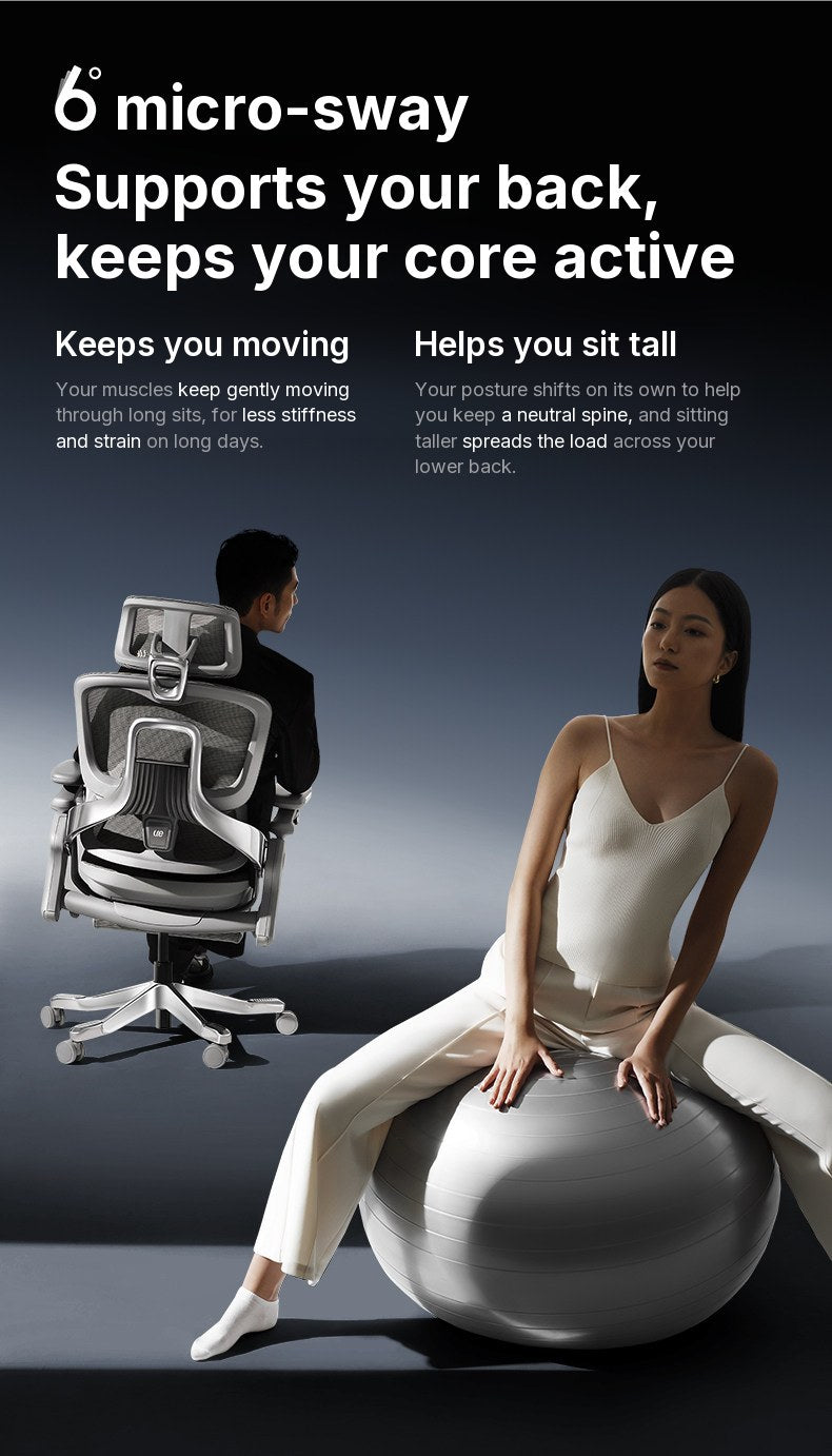 Man seated in the UE FLOW 660 Pro seen from behind, and a woman sitting on an exercise ball