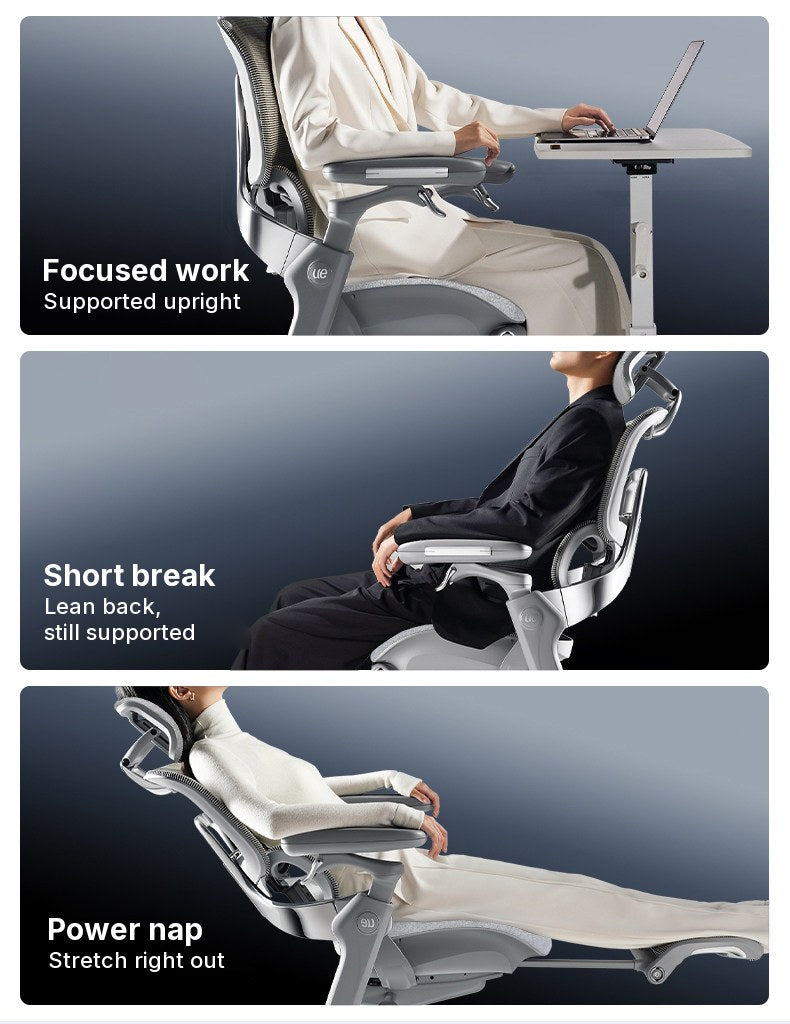 UE FLOW 660 Pro in three positions: upright at a desk, leaning back for a break, fully reclined for a nap