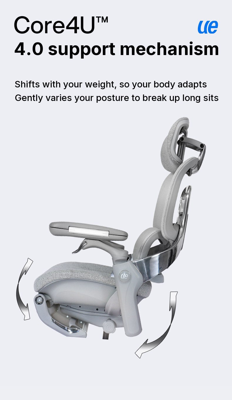 UE FLOW 660 Pro Core4U\u2122 mechanism, side view of the seat base with arrows showing its gentle rocking motion