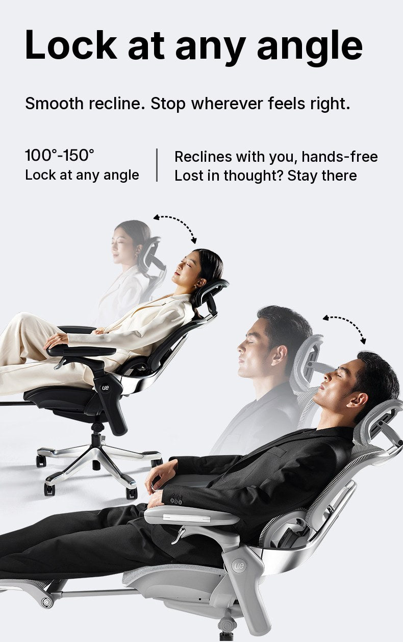 UE FLOW 660 Pro reclining between 100\u00b0 and 150\u00b0, two users leaning back at different angles