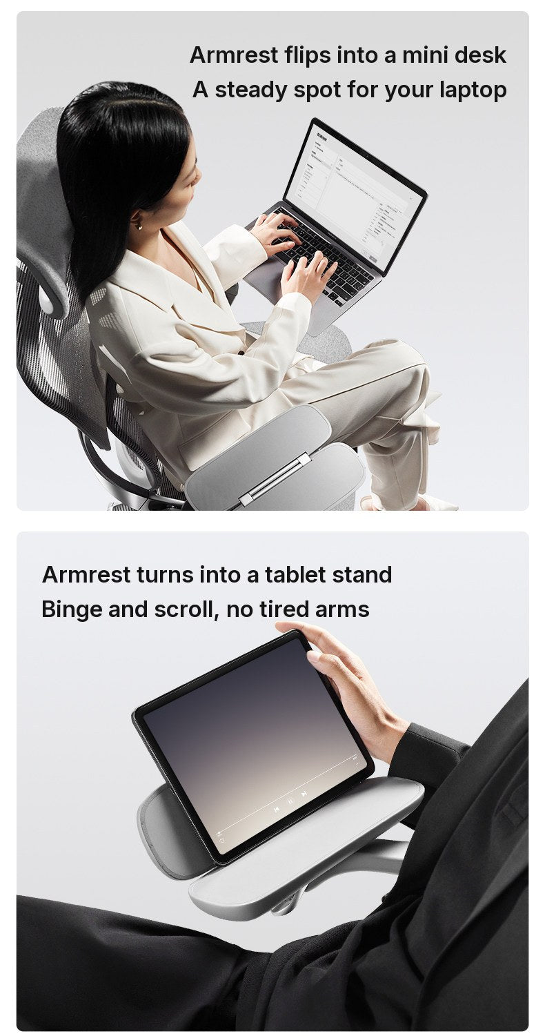 UE FLOW 660 Pro armrests in use as a laptop desk and as a tablet stand