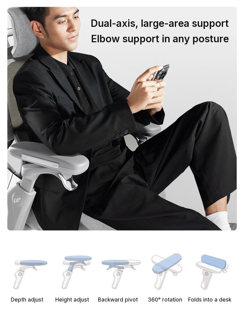 UE FLOW 660 Pro user resting his elbows on the wide armrests, with five diagrams of the armrest adjustments