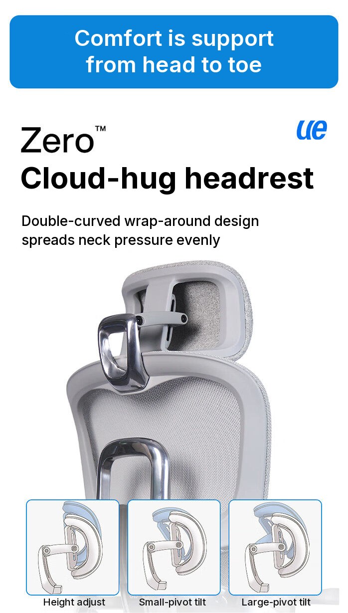 UE FLOW 660 Pro Zero\u2122 headrest seen from behind, with three diagrams of its height and pivot adjustments