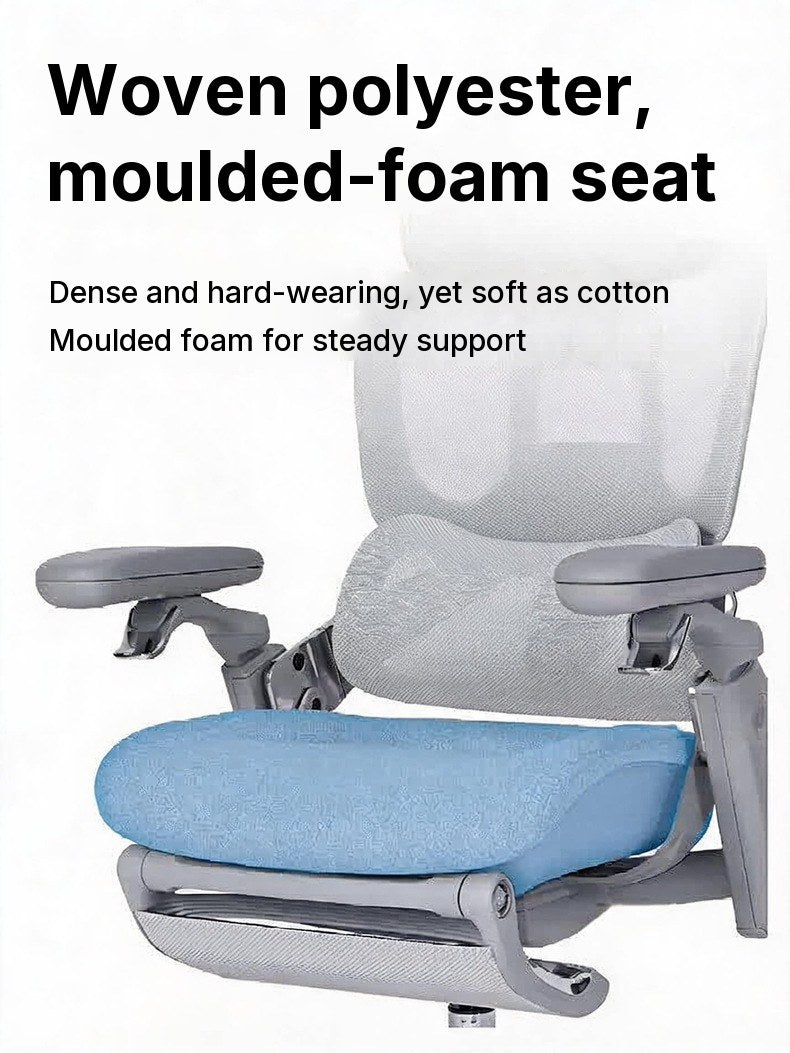 UE FLOW 660 Pro seat cushion highlighted in blue: woven polyester cover over moulded foam