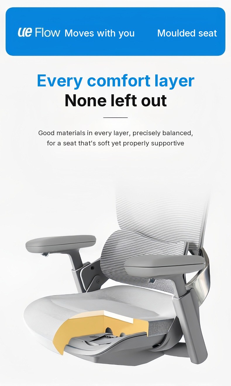 UE FLOW 660 Pro seat cut-away showing the layered moulded-foam cushion under the mesh back and armrests