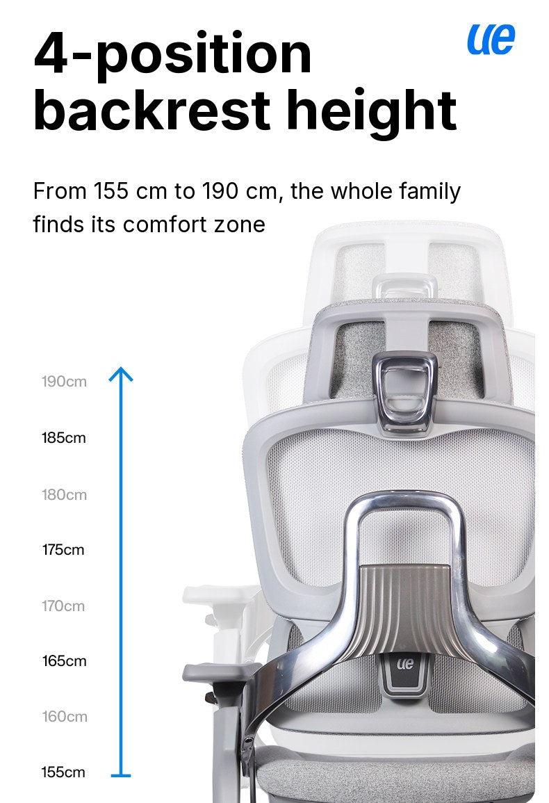 UE FLOW 660 Pro backrest shown at four heights beside a 155\u2013190 cm user-height scale
