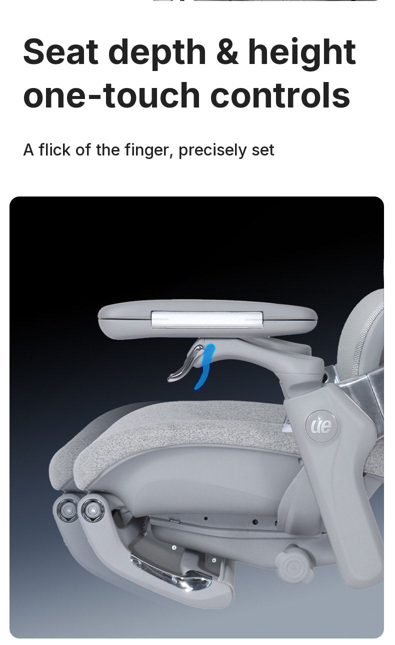 UE FLOW 660 Pro armrest paddle and under-seat levers for seat height and seat depth adjustment