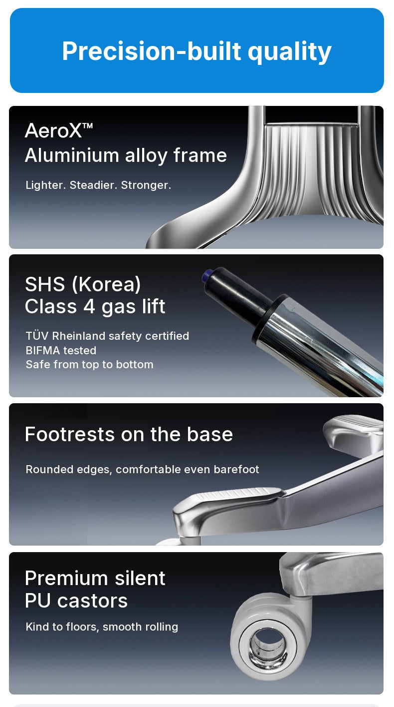 UE FLOW 660 Pro components: aluminium frame, SHS Class 4 gas lift, base footrests and silent PU castors