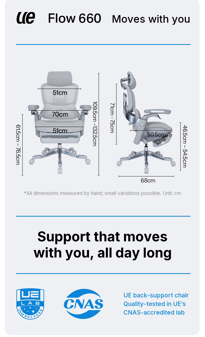 UE FLOW 660 Pro dimension drawing, front and side views, measurements in centimetres